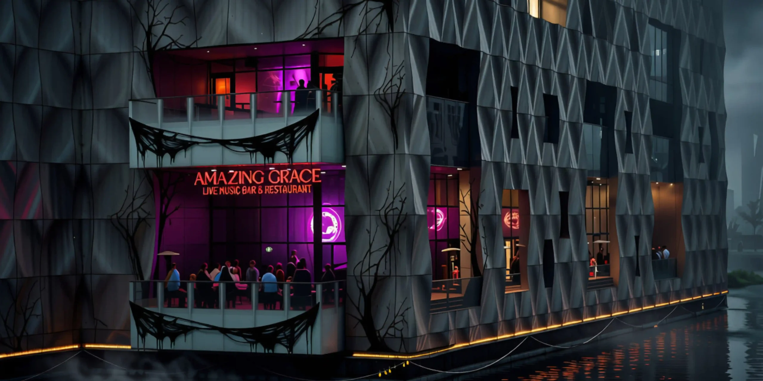 Amazing Grace Canary Wharf dressed for Halloween on the dock at night